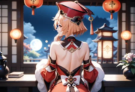 score_9, score_8_up, score_7_up, 1girl, yanfei_\(genshin_impact\), genshin_impact, from behind, hand on own cheek, artificial moon, indoors, analogue photo, d0f_v2.safetensors, <lora:test\d0f_v2.safetensors:1.0>,