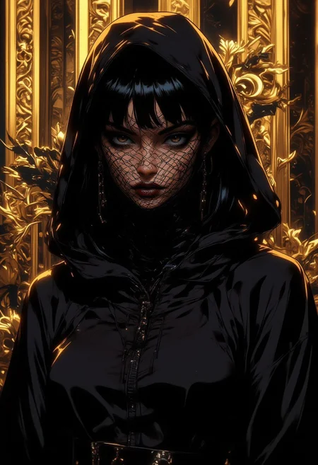 A hyper-realistic portrait of a woman in avant-garde fashion couture, wearing an asymmetrical black ensemble that masterfully blends futurism, urban streetwear, and the refined sophistication of Milan Fashion Week 2023. Her outfit features dramatic angular cuts and layered textures, juxtaposing glossy and matte finishes to evoke depth and modernity. Her head is loosely enveloped in a surreal, exaggerated mesh covering that creates ample space around her face, transforming into a sculptural veil that exudes mystery and artistic innovation. The mesh’s intricate, interwoven design casts delicate patterns of light and shadow on her features, teasing glimpses of her expression while emphasizing the ethereal contours of her form. The background displays a dozen diagonal frames with ornate golden patterns, their glowing intricacy providing a luminous, geometric contrast to her minimalist black attire. Cinematic lighting enhances the interplay of textures, softly illuminating the golden elements while accentuating the enigmatic aura of the mesh covering. Rendered in 8K ultra-HD, every detail—from the fine textures of the attire to the intricate geometry of the backdrop—is meticulously captured, creating a seamless fusion of modern couture and surreal elegance. (Niji Stan Katayama Style, ne0nfant4sy, aidmaMJ6.1)