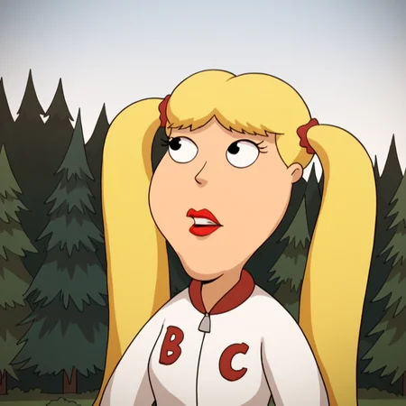 score_9_up, score_8_up, BREAK, Cindi, 1girl, solo, blonde hair, long hair, twintails, black eyes, lipstick, white jacket, upper body, <lora:Cindi_FamilyGuy_PXL_Leaf1:1>, outdoors, forest,