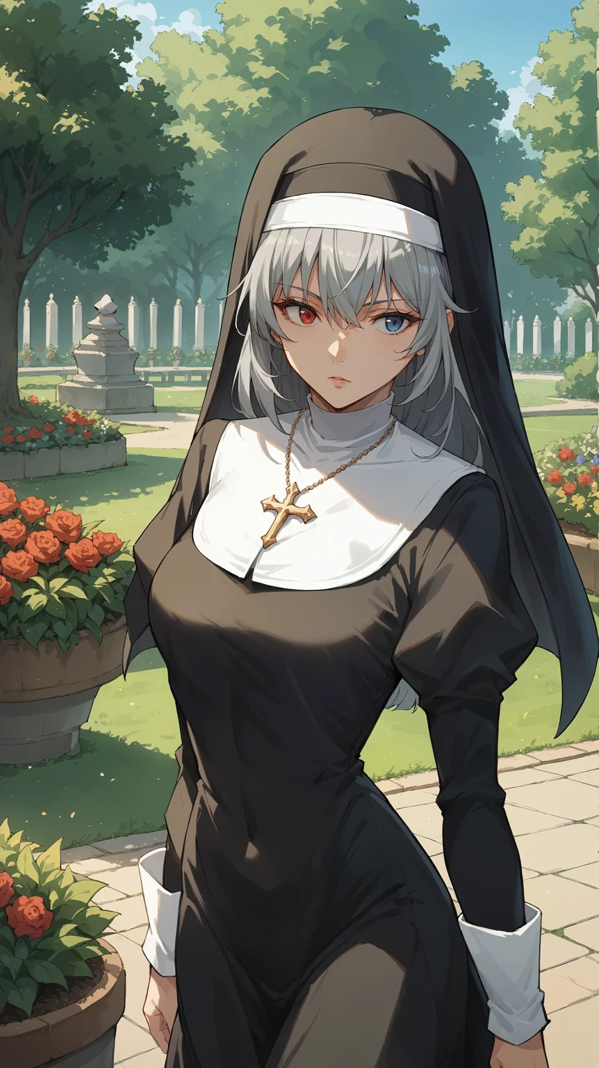 score_9,score_8_up,score_7_up,score_6_up, <lora:xl_more_art-full_v1:0.5>, source_anime, girl, dynamic pose, looking into the distance, <lora:Luminous Valentine - Pony:0.8>, long hair, grey hair, heterochromia, red eye, blue eye, black hair ribbon, black hairband, nun, garden, park,