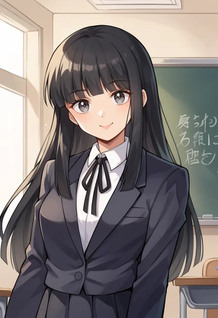 score_9, score_8_up, score_7_up, source_anime BREAK 1girl, solo,
<lora:zs_YumikoXL:1> yumikomt, black hair, blunt bangs, long hair, grey eyes, black blazer, black ribbon, black skirt
cowboy shot, smile, closed mouth, classroom,