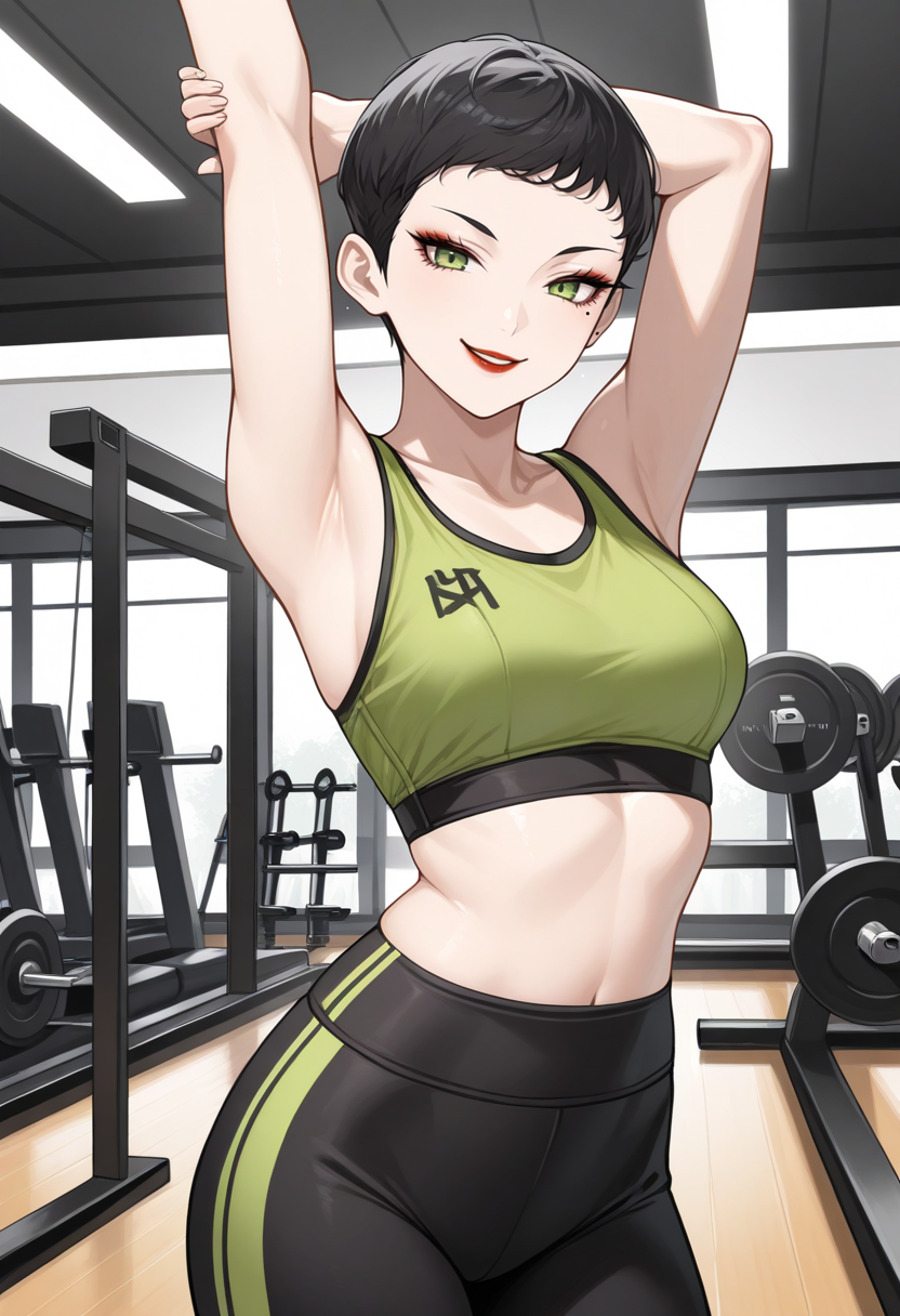 masterpiece, best quality, 1girl, solo, looking at viewer, cowboy shot, smile, gym, stretching
green sports bra, black yoga pants
 <lora:zs_YurikoIVILLU:1> yurikosmtiv, black hair, very short hair, lipstick, mole under eye, makeup, green eyes,