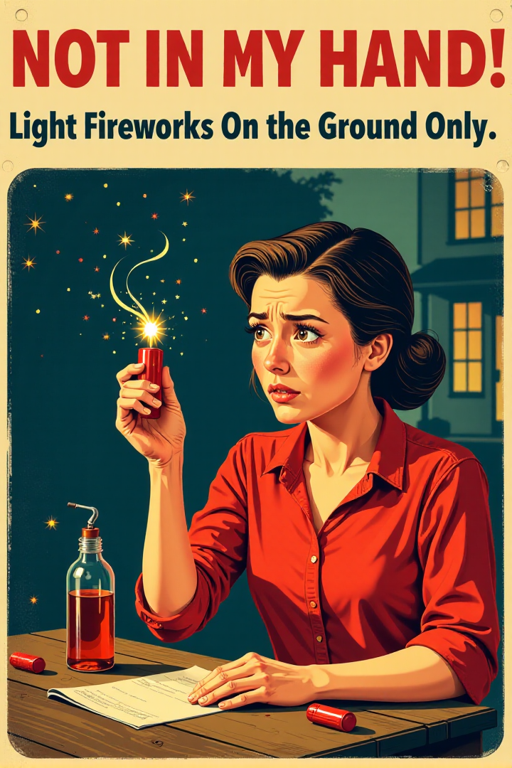 A vintage-inspired illustration of a person carelessly holding a lit firecracker in their hand, with a worried expression on their face as the fuse burns down quickly. The background is a blurred image of a house. Red, urgent text at the top screams: "NOT IN YOUR HAND! Light Fireworks On the Ground Only." Focus on the danger of holding lit explosives.  <lora:REMEs_War_Poster_Style:0.95> In REME's War Poster Style,âââ