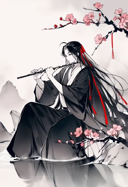 masterpiece, best quality,<lora:inkXL_ANI31_lokr_V43P1:0.95>monochrome, instrument, flute, music, 1boy, playing instrument, long hair, male focus, solo, black hair, holding instrument, chinese clothes, holding, flower, wide sleeves, robe, long sleeves, hanfu, red ribbon, pink flower, ribbon, water, black robe, sitting, branch, white background, hair ribbon, parted bangs, full body, ahoge