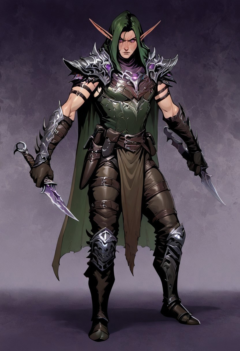 masterpiece, best quality, newest, absurdres, highres, 1boy, HOMMDEAV1.0, dark elf, armor, pointy ears, knife, rogue, assasin, holding, holding weapon, dagger, male focus,