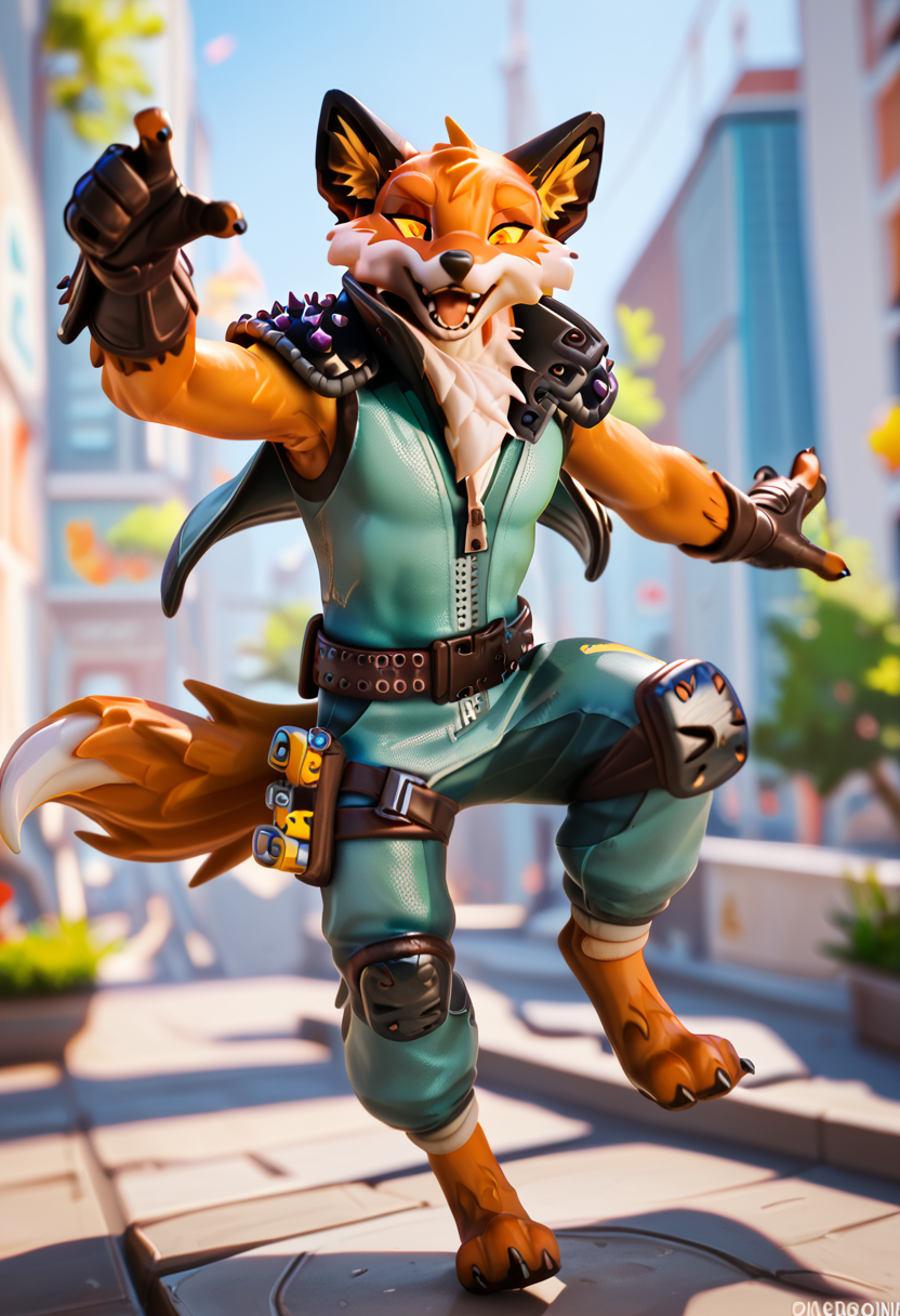 score_9, score_8_up, score_7_up, best quality, highres, 1boy, fennix, fortnite, anthro, furry, city, happy, full body, action pose, detailed background, looking at viewer, <lora:Fennix_Fortnite:1>