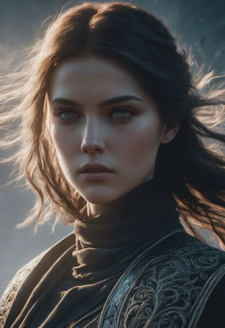Minimalism, A character with an overhead view angle, lens flares, more dramatic lighting, deeper, a colder color grading, sweat, her expression is of fierce determination, 8k resolution, ultra HDR, and ghostly beauty. hourglass body with The image should reflect intricate details, raw photo quality, and a windy atmosphere. She is holding a sword in her hand. Make her wear shorts clothes. Add more realistic skin. Clear background. Make her more realistic. Remove motion blur. Make image quality same midjourney. Make image same concept game. Make her details and sharpness. Make her skin natural. Concept art portrait by Gottfried Helnwein. Add more graphics quality of Unreal Engine 5.