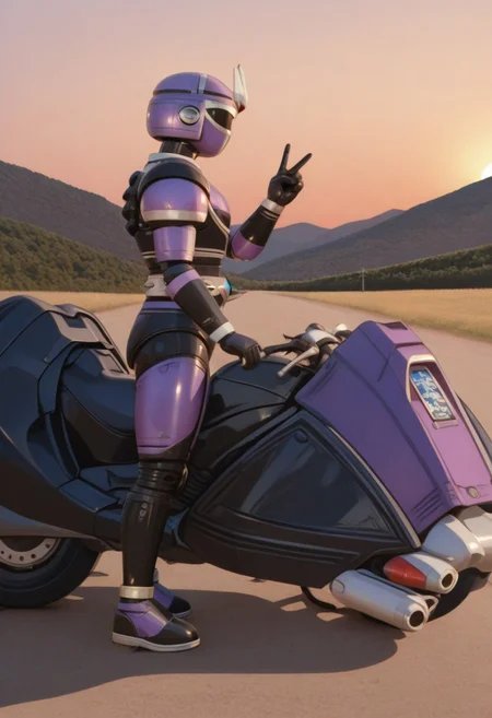 anime screencap, anime coloring,
solo, 1girl, (covered neck), looking the viewer, frontview, BREAK
Tent0u, robot, tokusatsu, solo, armor, bodysuit, shoulder pad, belt, boots, (standing:2), beside_tent0motorbike, (sideview_motorbike:2), dismounting, v_sign hand, outdoors, road, sunset, dramatic lighting
