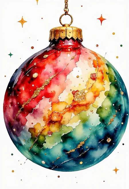 Jedwtclr, watercolor art, An abstract glass Christmas ball with bold red and green streaks, filled with glittery golden sparkles and glowing silver flecks scattered throughout