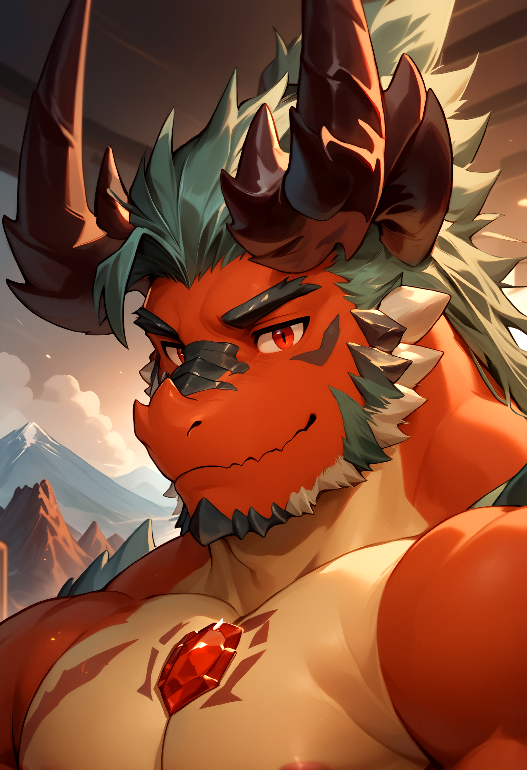 score_9, score_8_up, score_7_up, <lora:Atmos_Pony-000001>,Atmos, dragon, dragon boy, Crystal, Horns, Red Skin, bara, furry male, red eyes, solo, 1boy, close up,  inside, volcano,