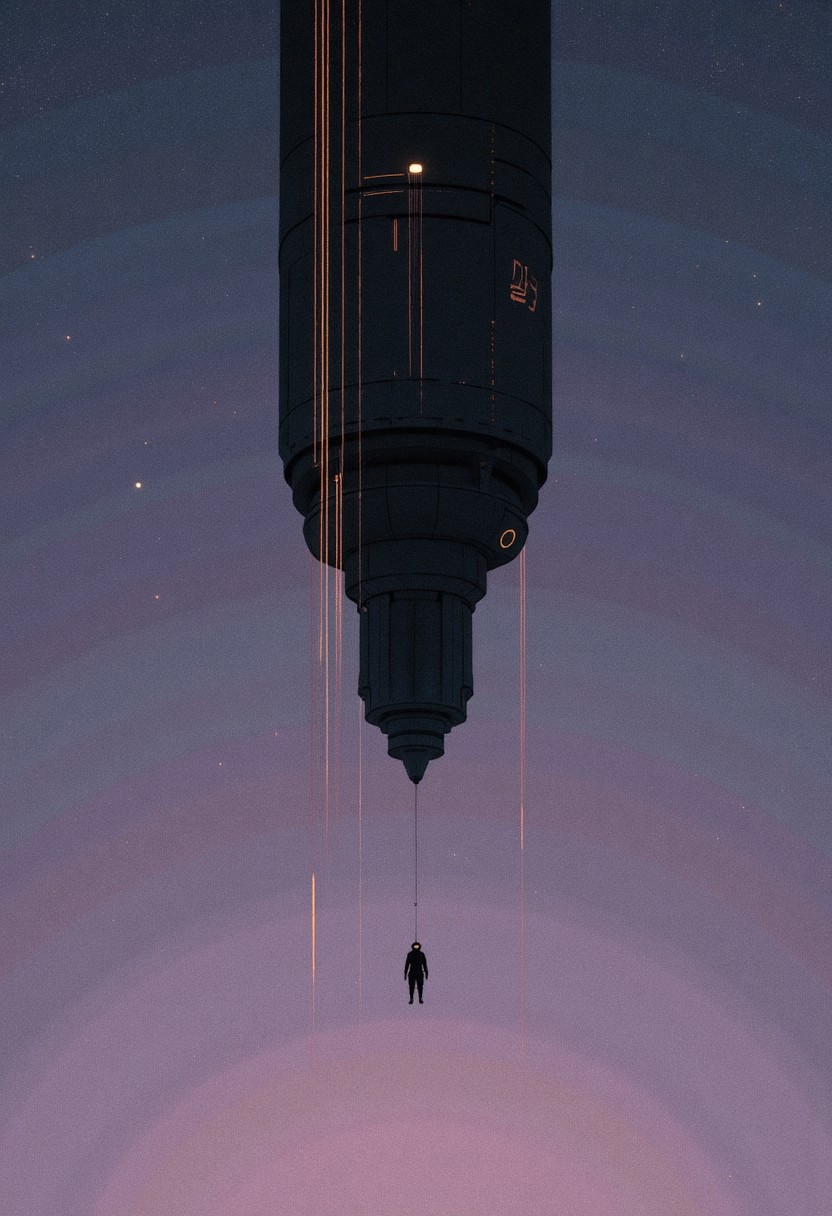 A minimalist sci-fi wallpaper depicting a towering, monolithic structure floating vertically in empty space-its surface matte black with thin, glowing seams of soft amber light forming unreadable symbols or circuitry. Below it, a tiny silhouetted figure in a spacesuit drifts upward, connected by a thin tether that vanishes into shadow. The background is a gradient void fading from deep midnight blue to soft lavender, scattered with sparse, oversized stars that subtly pulse. No terrain, no clutter-just vast vertical emptiness and mysterious quiet. The scene evokes awe, insignificance, and quiet reverence, using clean lines, negative space, and a precise glow to convey futuristic mystery.