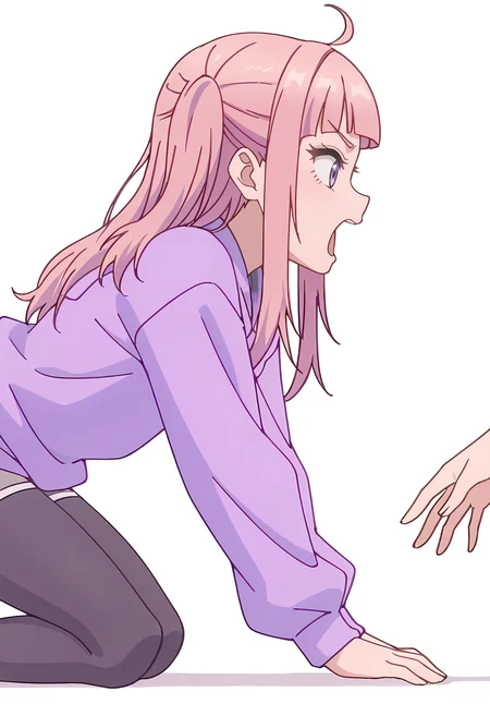 Smooth Quality,masterpiece,beautiful aesthetic, very intricate, high quality details, ultra realistic, high detailed skin,
simple background, white background,
screaming,from side,kneeling, one hand on ground, reaching forward, focused, tense, ,
leggings, ,pullover,
<lora:Fuyuki_Momokocnn:0.8> momoko/cnn, pink hair, 1girl, ahoge, purple eyes,petite,