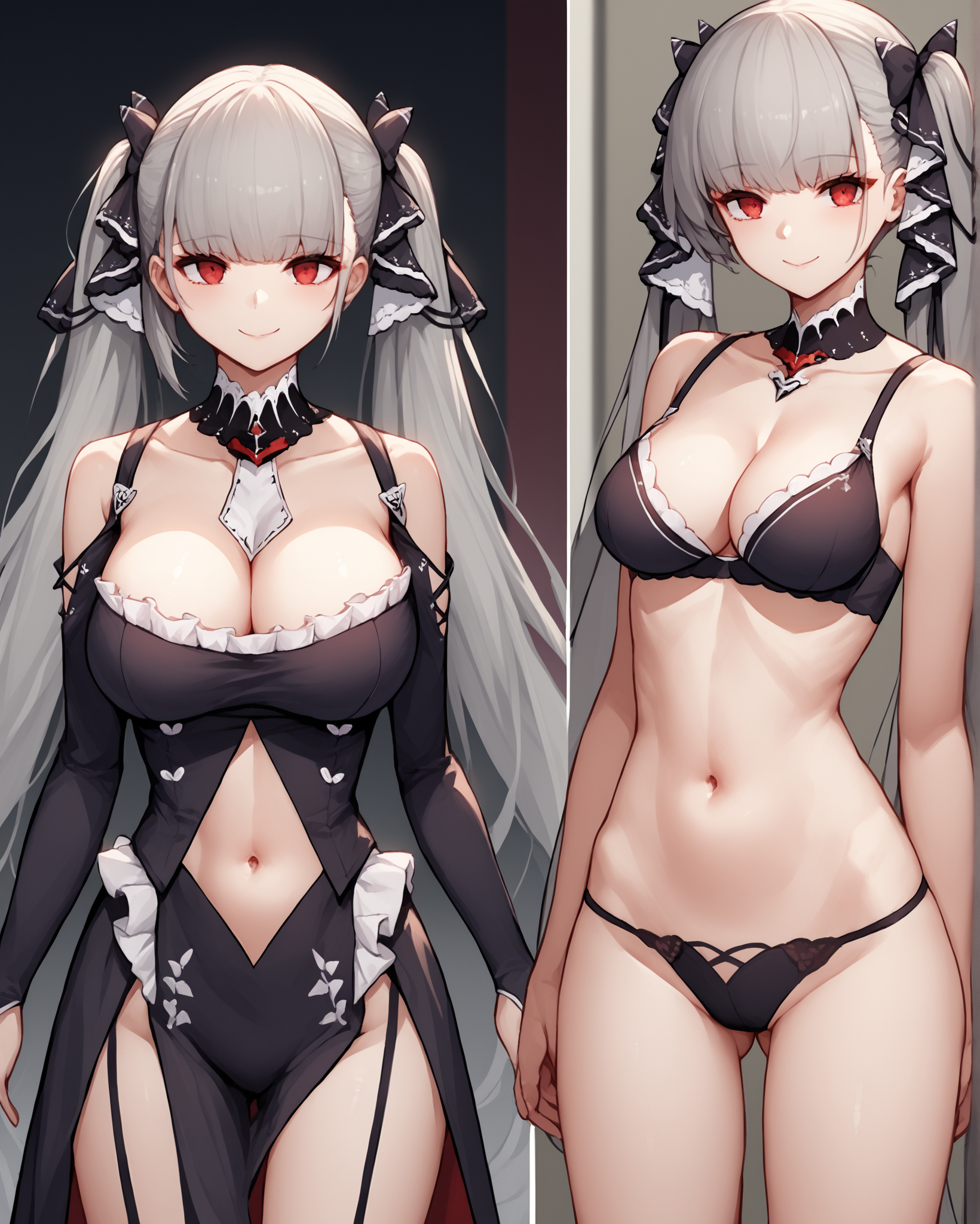 score_9, score_8_up, score_7_up, source_anime BREAK 1girl, formidable (azur lane), standing, grey hair, red eyes, twintails, looking at viewer, hair ribbon, 2koma, instant loss, pov, pov before and after, hetero, closed eyes, netorare, cheating (relationship), smile, dress, underwear, cowboy shot, gluteal fold, navel, standing, cleavage, bra, frills, corrupted, <lora:POV_before_and_after__instant_loss:1>, rating_questionable