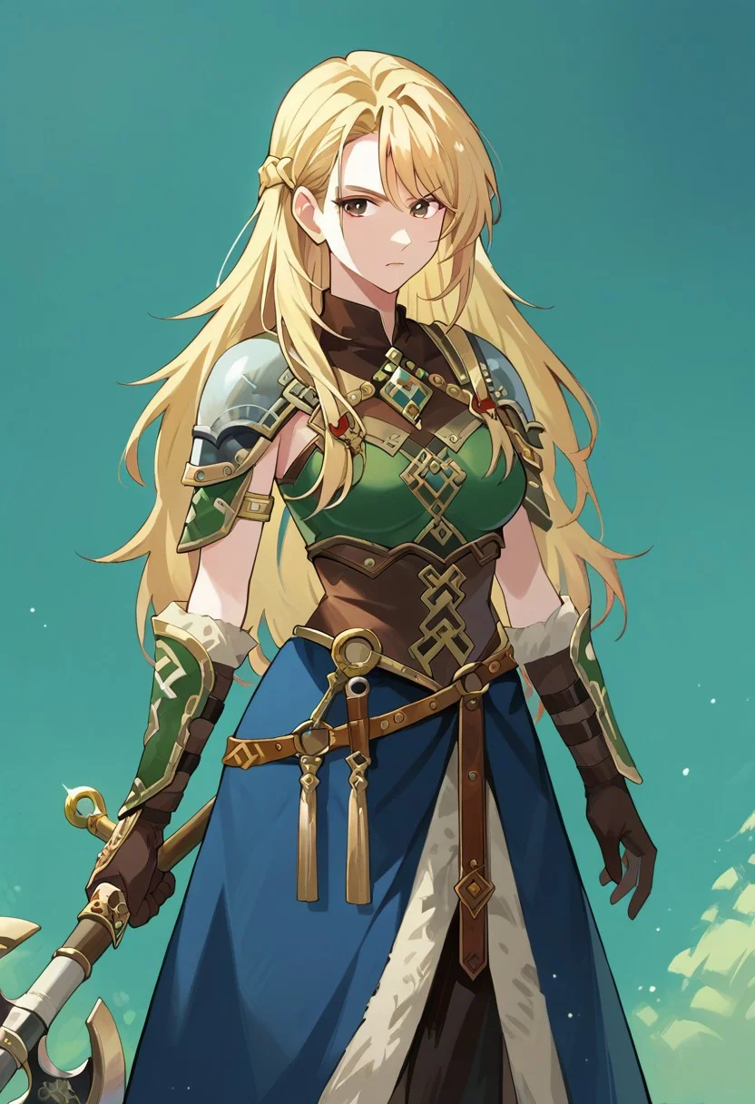 score_9, score_8, score_7, source_anime, viking, long hair, skirt, standing, jewelry, weapon, gloves, brown eyes, medium breasts, closed mouth, blonde hair