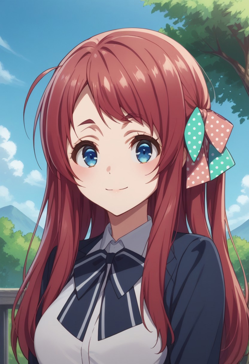 score_9, score_8_up, score_7_up, source_anime, highly detailed, 
sakuraminamoto, 1girl, solo, polka dot, blue eyes, bow, polka dot bow, long hair, red hair, upper body,
hair bow, school uniform, long sleeves, polka dot ribbon, standing, ahoge,
 looking at viewer, bowtie, 
smile, outdoor, sky, tree