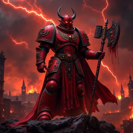 score_9, score_8_up, a evil space marine in a red armor with beautiful red ornaments is standing on top of ruines surrounded by a dark red gloom of evil(horns on helmet). The armor plates are etched with unholy runes, and dark, crimson blood oozes from the cracks, pulsating with an eerie light. Wickedly sharp spikes and jagged chains adorn his shoulders and gauntlets, while a massive. His armor is an intricate fusion of ancient, corrupted metal and twisted organic growths, glowing with chaotic energy. He is holding a large two bladed warhammer in his right hand that is dripping blood. His presence is horrifying.  in the background there is a burning town, dark sky with lightning, epic atmosphere , HKEvil, 8k resolution, cinematic.