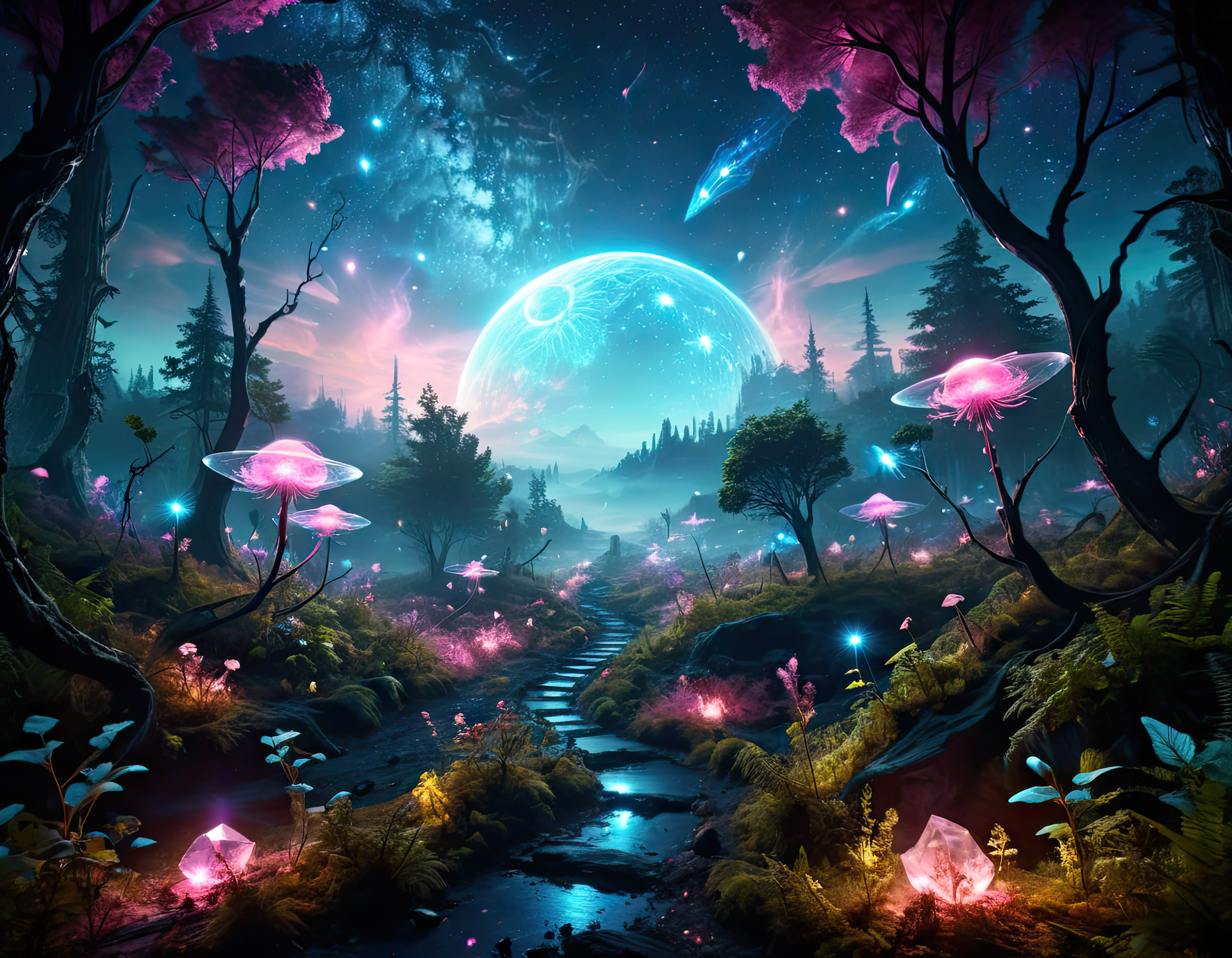 Colorful bioluminescence plants in forest, crystals and glowing path, fireflies, Pandora planet at night, blue and pink glow, epic landscape in background, hazy planet in the sky, galaxy and stars in the sky, rim light, volumetric light, colorful, contrast, breathtaking, scattered mist, night, ultra high definition computer render, unreal engine, ISO 0  