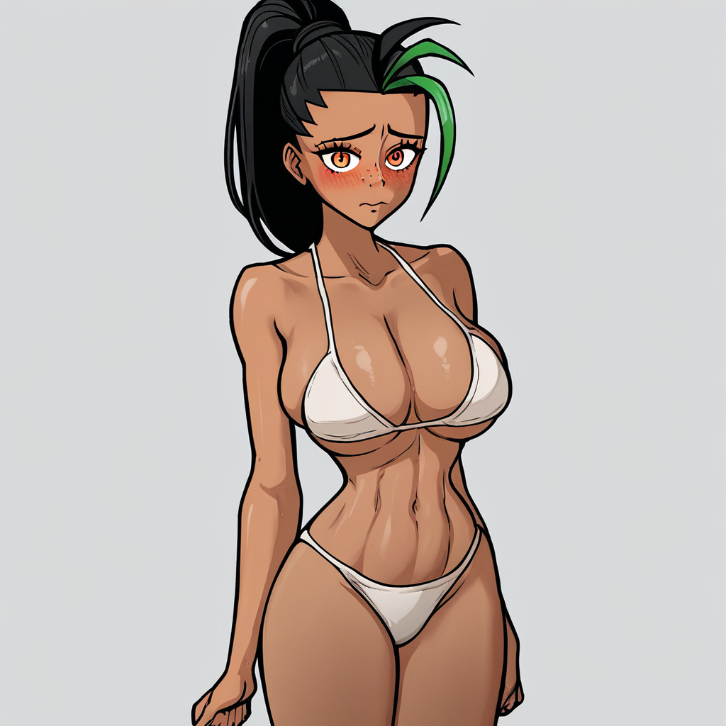 score_9, score_8_up, score_7_up, source_anime, expressive, anime, (4k4bur5tyl3:1.2), Artist speedlines, dynamic, 1girl, (nemona), streaked hair, ponytail, orange eyes, milf, aged up, curvy, fit, dark skin, (white bikini), large breasts, skinny, thick thighs, navel, standing, shy, blush, blushing, embarrassed, sensual, horny, longing, looking at viewer, source_hentai, simple background