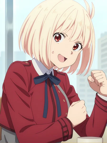 <lora:Chisato_Nishikigi:0.8>, nishikigi_chisato, 1girl, solo, blonde short hair, red eyes, red lycoris uniform, blue neck ribbon, white collared shirt, smile, raised fist, holding cup, embarassed, sweatdrop, open mouth, sitting, looking at viewer, upper body, indoors, window, chair