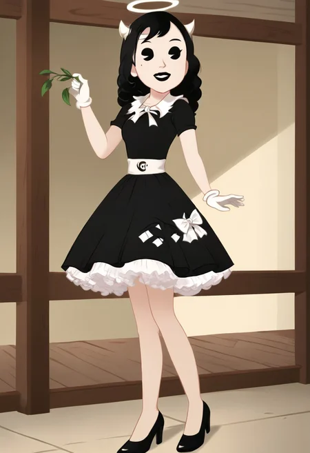(Masterpiece, best quality:1.2), score_9, score_8_up, flat color, flat shading, soft shading, lighting, Alice Angel in a 1950's dress, a fluffy frilly ruffled full petticoat, and high heels, dress, layered petticoat, frilly petticoat, fluffy petticoat, full petticoat, wide dress, flowing dress, solid colored skirt, short sleeves, black hair, Bendy and The Ink Machine, series accurate, cute, best high quality, high res, black lips, white colored skin, whole body shot, 1girl, solo, outside, standing straight, in a garden, cute, adorable, smile, low angle shot, upskirt shot, cartoon, cartoon style, vector, solo, circle dress, 1950s, alice angel