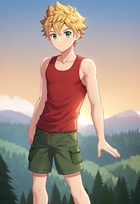 connor, blonde hair, bangs. spiky hair, short hair, green eyes, camp buddy, boy, solo, young, medium build body, wear red tank top, wear black shorts, outdoor, sunny day, clear sky, standing,