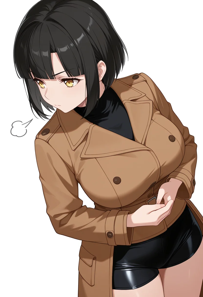 Smooth Quality,masterpiece,very intricate, high quality details, ultra realistic, high detailed skin,detailed enviorement,absurdres,
kamina pose,
 <lora:Tachibana_Mei_CNR:0.8> mei_cnr,  black hair, short hair, bob cut, blunt bangs, yellow eyes, large breasts,, sigh,, simple background, white background, sideways,solo,, peacoat,  ,coat, ,tight shorts,  ,