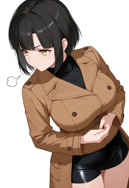 Smooth Quality,masterpiece,very intricate, high quality details, ultra realistic, high detailed skin,detailed enviorement,absurdres,
kamina pose,
<lora:Tachibana_Mei_CNR:0.8> mei_cnr, black hair, short hair, bob cut, blunt bangs, yellow eyes, large breasts,, sigh,, simple background, white background, sideways,solo,, peacoat, ,coat, ,tight shorts, ,
