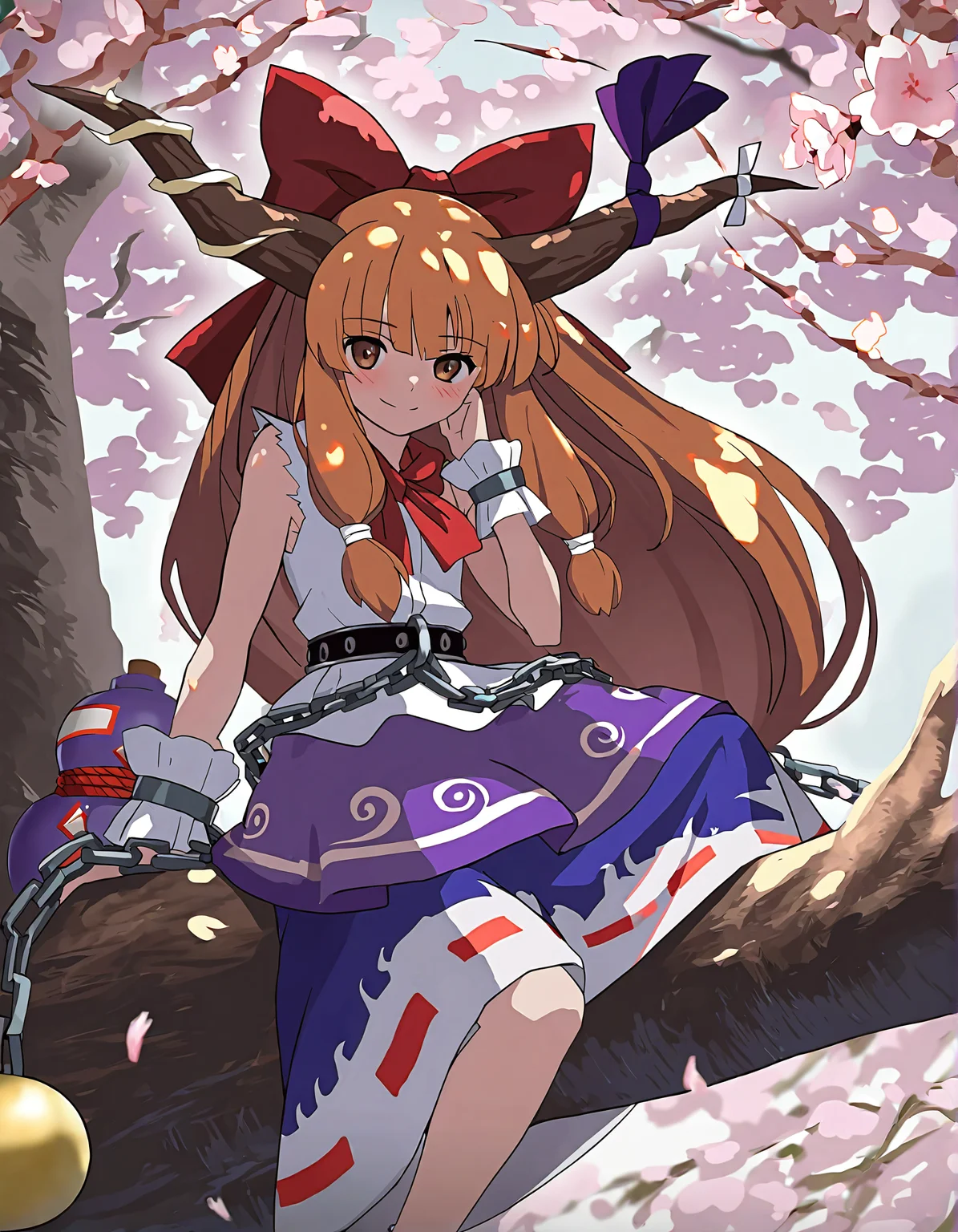 memoriesofphantasm, 1girl, ibuki suika, solo, horns, long hair, cherry blossoms, chain, sensitive, bow, tree, smile, gourd, hair bow, ribbon, in tree, orange hair, blush, brown eyes, sitting, sleeveless, wrist cuffs, brown hair, shirt, sleeveless shirt, looking at viewer, skirt, sitting in tree, horn ornament, belt, dappled sunlight
very awa, masterpiece, best quality, year 2024, newest, highres, absurdres, <lora:memories-of-phantasm-style-noobai-vpred10-timestep-dynamic:1>