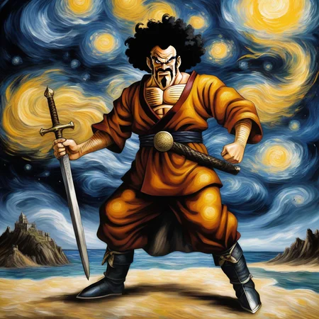anime illustration by Akira Toriyama,Mr. Satan man, dragonborn knight, game of thrones, full length,dramatic oil painting by Van Gogh,<lora:mr_satan-000007:0.8>