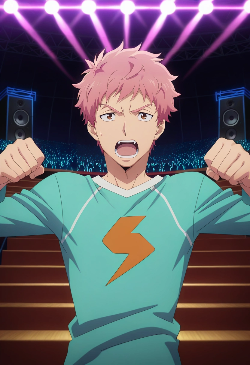masterpiece, best quality, , anime screencap, anime coloring, official style, , 1boy, solo, male focus, <lora:renzou_shima_ilxl:0.94>, renzou_shima, pink hair, brown eyes, short hair, concert stage, vibrant lights, roaring crowd, thundering speakers, performing pose, passionate expression, electric glow, Cropped chinos, Long-sleeve shirt, , ,