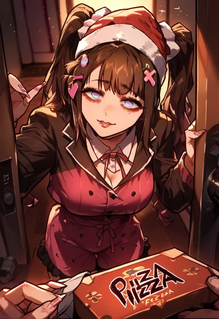 zPDXL3, score_9_up, score_8_up, score_7_up, (Anime_source), pov, pizza box, pov doorway, opening door, QTHU, blue eyes, heart-shaped eyes, brown hair, long hair, mole under eye, twintails, lips piercing, pajamas, half-closed eyes, sleepwalking, sleepwear, rubbing eyes, nightcap