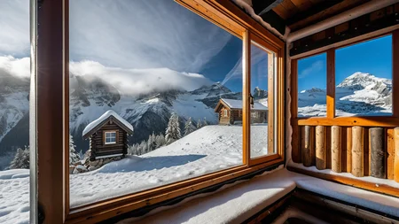 masterpiece,best quality,amazing quality,high resolution,ultra-detailed,absurdres,HDR,8K,high contrast,realistic,muted lithing,sharp focus,fine details,
A professional scenic photography of the view Outside a solitary safety hut perched halfway up a glacial moraine where timber walls shelter travelers and pine trees cluster near the trail. At winter afternoon snowfall, delicate flakes drift around frosted windows, the hut lies half-buried, and distant peaks vanish into swirling white. ,