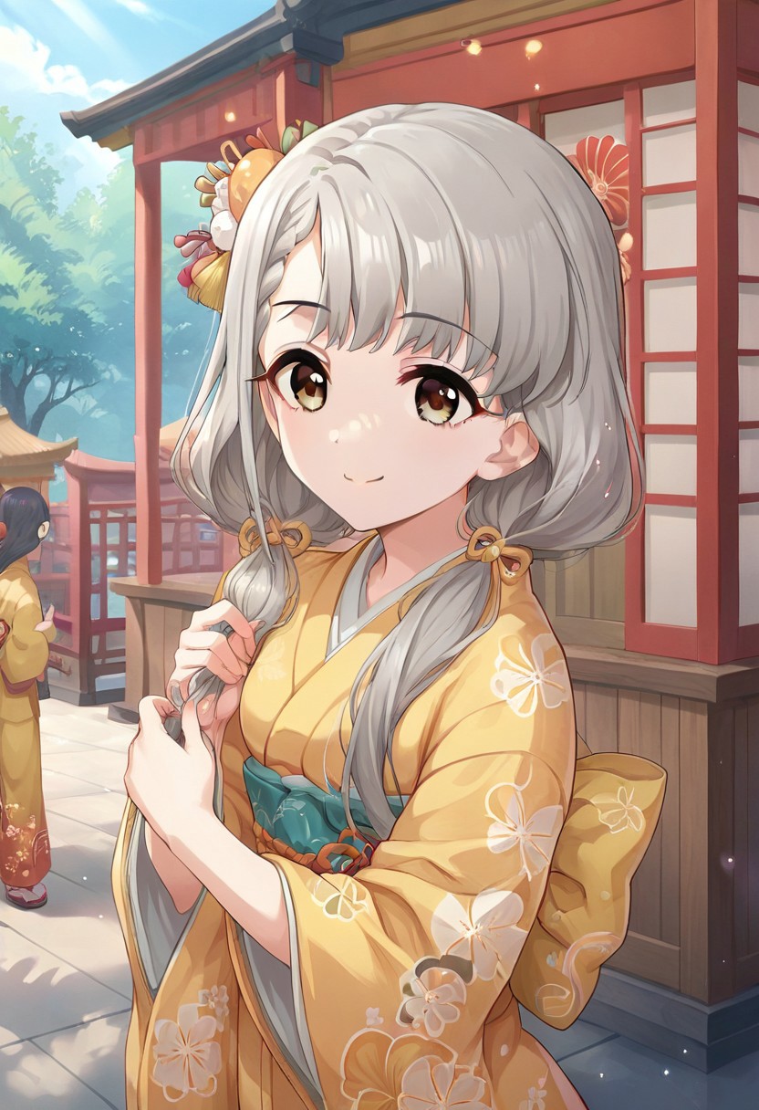 score_9, score_8_up, score_7_up, source_anime,hisakawa nagi, grey hair, braid, brown eyes, long hair, twintails, japanese clothes, kimono, smile, 1girl, solo focus, yellow kimono, hair ornament