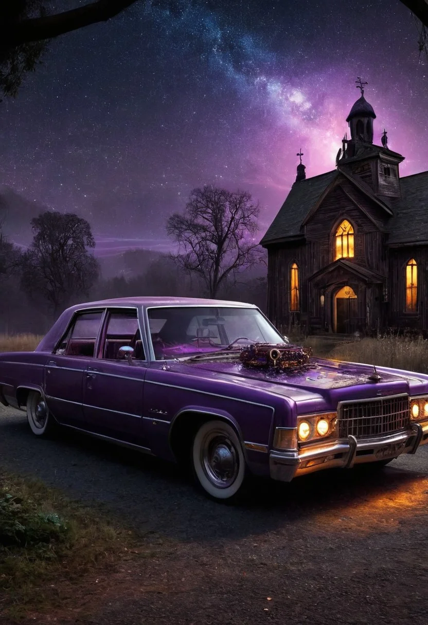 score_9, score_8_up, score_7_up, retro marketplace, celestialpunkai, extremely detailed, the horror of stars, retro car, church, masterpiece, realistic, best quality, cosmic horror, Style-Volumetric, bright horror, s0lar, purple glow,