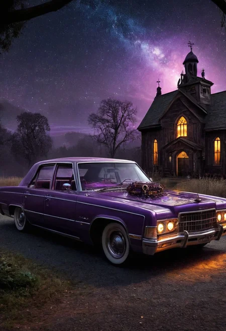 score_9, score_8_up, score_7_up, retro marketplace, celestialpunkai, extremely detailed, the horror of stars, retro car, church,  masterpiece, realistic, best quality, cosmic horror, Style-Volumetric, bright horror, s0lar, purple glow,