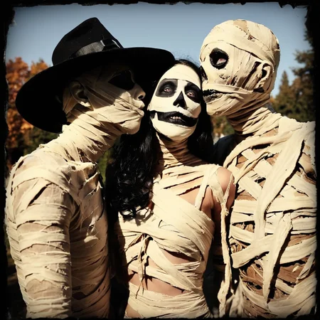 <lora:SDXL_mummy_Sa_May:1> mummy, a desiccated mummy, man and woman, kiss, love, Halloween selfies, Polaroid photos.