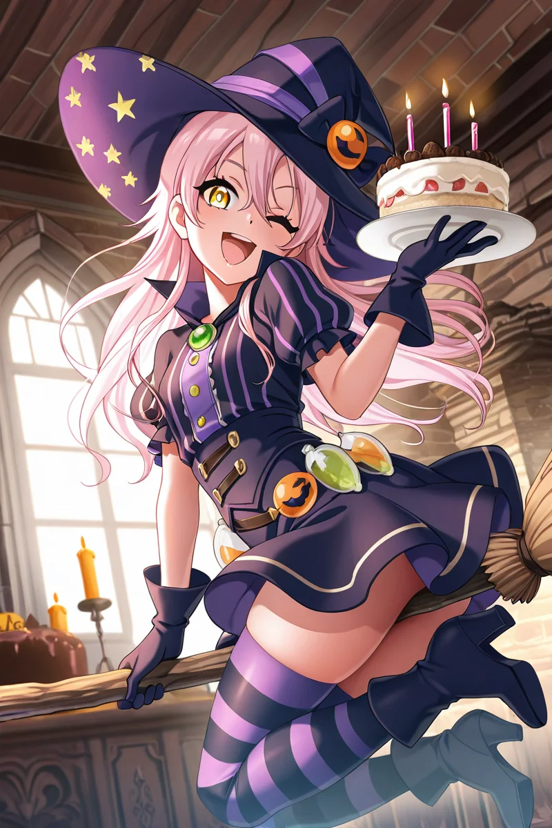 masterpiece, best quality, amazing quality,
<lora:Lumina_IL:1> lumina, 1girl, candle, witch hat, one eye closed, solo, hat, broom, yellow eyes, smile, food, thighhighs, indoors, gloves, open mouth, boots, witch, cake, holding, broom riding, striped, looking at viewer, skirt, pink hair, short sleeves, high heels