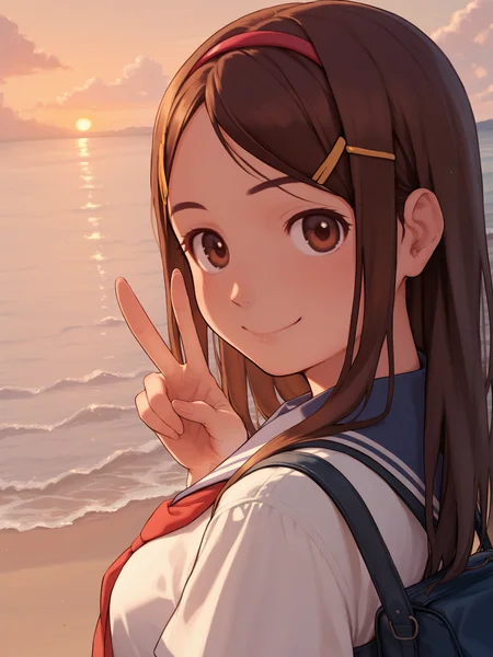 score_9, score_8_up, score_7_up, 1girl, brown hair, school uniform, brown eyes, smile, hairband, ocean, hairclip, long hair, sunset, water, school bag, v, close up,
<lora:naruko_hanaharu_Pony_dim32:0.8>