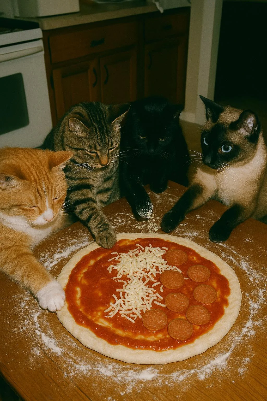 a group of cats making pizza in the house , shot with camera lens high plane, film grain, anf flash, some blur