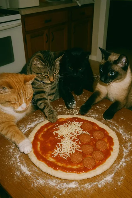 a group of cats making pizza in the house , shot with camera lens high plane, film grain, anf flash, some blur