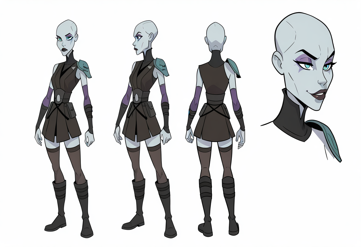 w3st3rnt00n, b4s4jj, reference sheet, (full body, from side, front:1.1, from behind), upper body, cartoon,1girl, bald, grey:blue skin, facial tattoo, dark lips, purple eyeshadow, aqua eyes, thighhighs, smirk,  single pauldron, black boots, simple background, white background  <lora:Asajj_Ventress_Bounty_Hunter:1> <lora:Western_Toon_Style-000005:1>