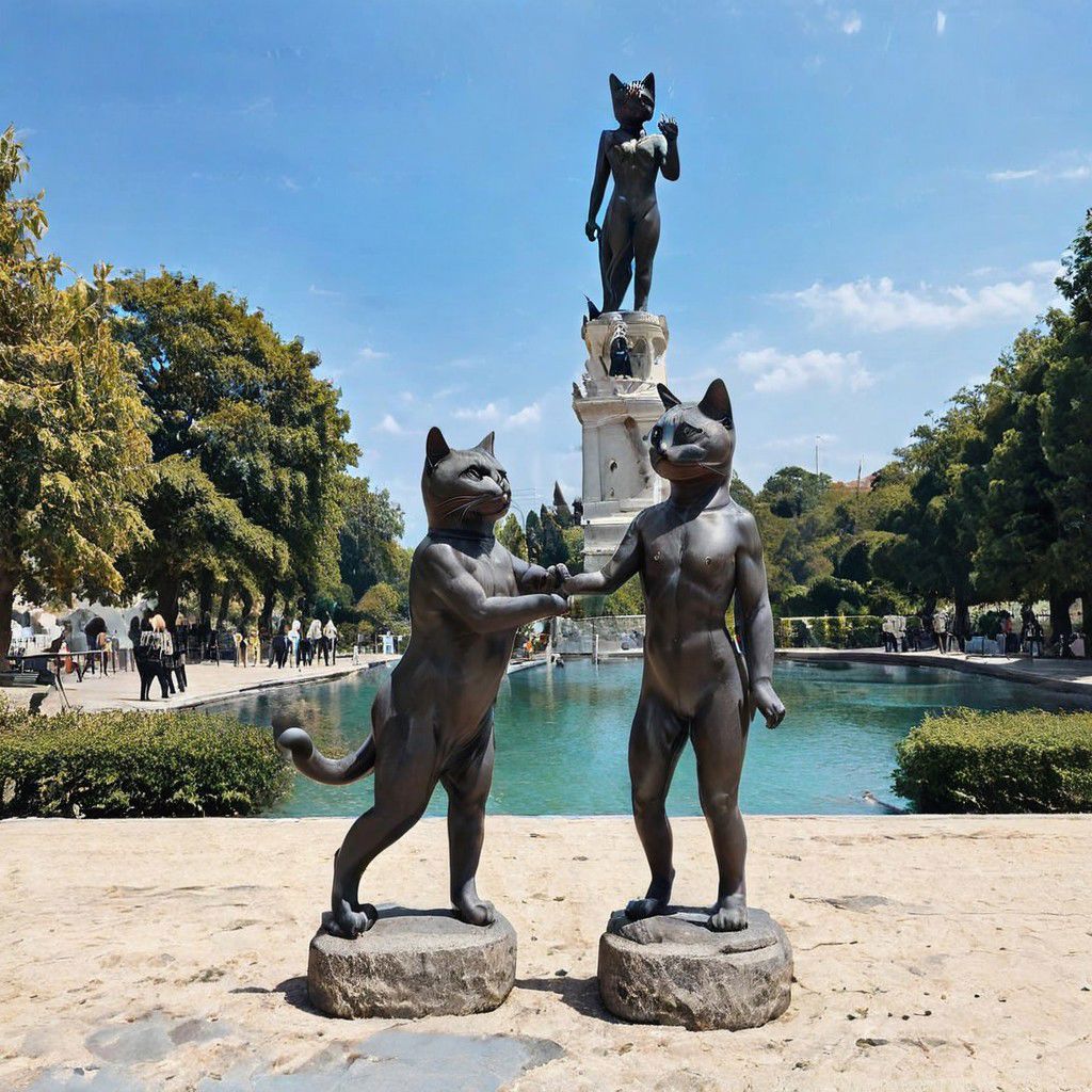 F-B-C, foreground: cat, background: statue, effect: the cat shakes the statue's hand