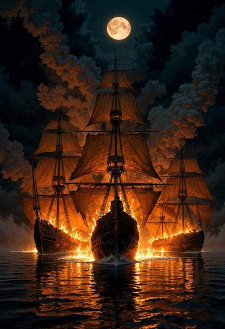 Three pirate galleons engulfed in flames on the dark, moonlit sea, their decks eerily empty. The dying embers cast ghostly shadows on the billowing smoke, creating a haunting yet mesmerizing scene of destruction. The intricate details of the ships' decaying wood and tattered sails are captured in a vivid and dramatic painting, highlighting the contrast between the fiery chaos and the serene night sky. This stunning image evokes a sense of mystery and tragedy, drawing viewers into the enigmatic story of these abandoned vessels at the mercy of the unforgiving ocean.
