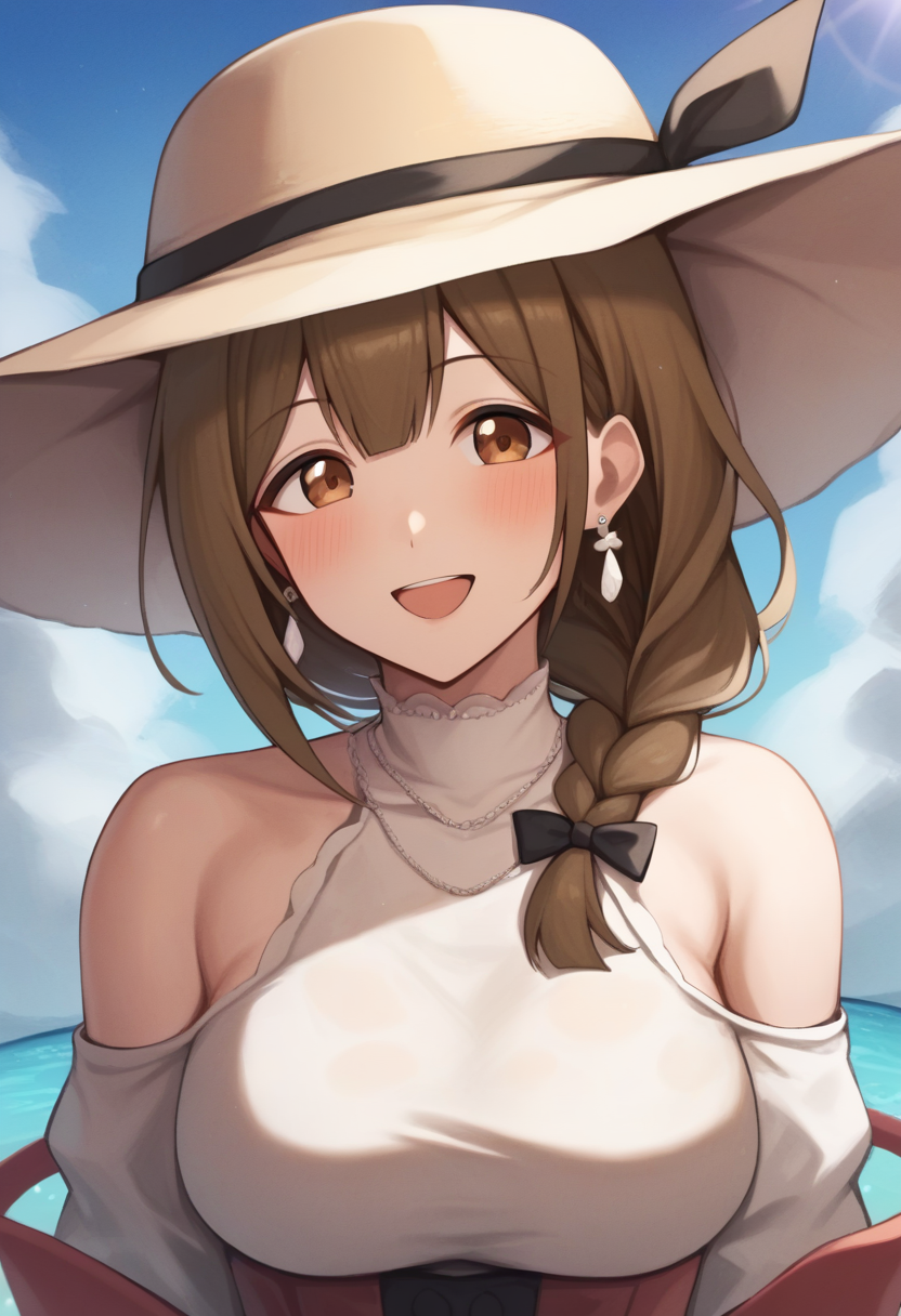 score_9,score_8_up,score_7_up,<lora:kuwayama_chiyuki_pony:1>,1girl, :d, bare_shoulders, blue_sky, blush, braid, breasts, brown_eyes, brown_hair, commentary_request, earrings, hat, highres, jewelry, kuwayama_chiyuki, large_breasts, looking_at_viewer, off-shoulder_shirt, off_shoulder, one-eyed, open_mouth, shirt, sky, smile, solo, sun_hat, upper_body