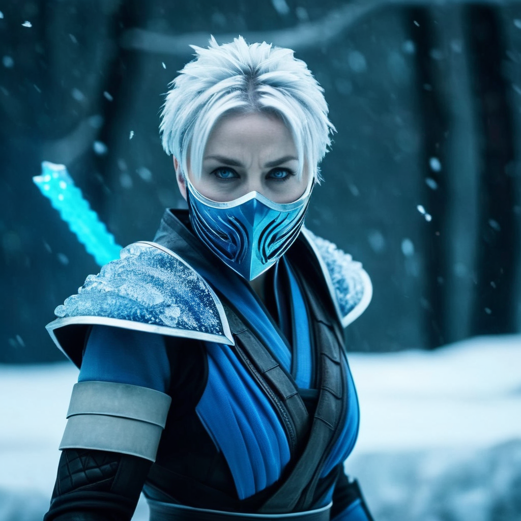 cinematic film still of  <lora:Frost Mortal Kombat:1>
Frost Mortal Kombat a pale white cold skin woman with an ice frost hair and frost eyes in a blue ninja outfit in a ice storm place with many swords, shallow depth of field, vignette, highly detailed, high budget, bokeh, cinemascope, moody, epic, gorgeous, film grain, grainy