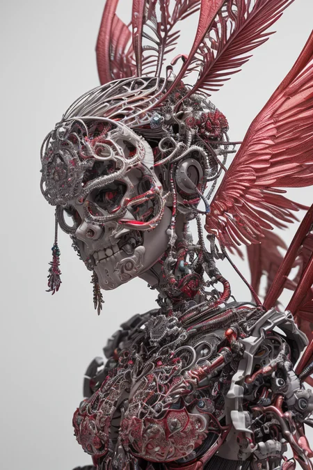 complex 3d render ultra detailed beautiful death angel, biomechanical cyborg, analog 150 mm lens, beautiful natural soft rim light, crystal feathers, roots, fine foliage lace, colorful details, Boris Bidjan Saberi outfit, pearl earrings, piercing, art nouveau fashion embroidered, intricate details, mesh wire, mandelbrot fractal, facial muscles, cable wires, microchip, badass, hyper realistic, ultra detailed, octane render, volumetric lighting, 8k post-production, red and white with a bit of black, detailled metalic bones, semi human, iridescent colors, Glenn Brown style, futuristic room, power of the god, high-angle shot, complex body poses
