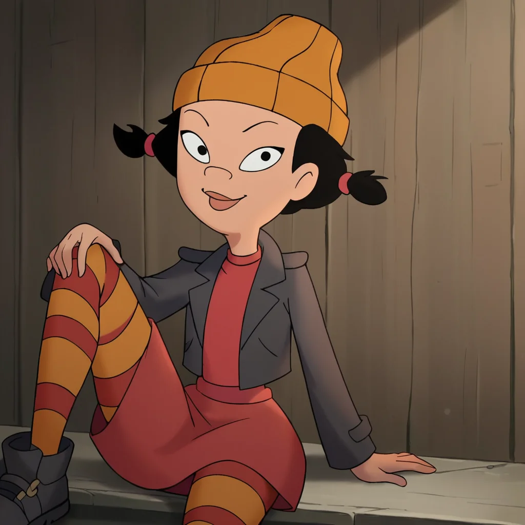 score_9, score_8_up, score_7_up, Spinelli, 1girl, black hair, short hair, twintails, beanie, flat chest, narrow waist, wide hips, looking at viewer, sitting, leg up, striped thighhighs, highres, high quality, masterpiece, <lora:Ashley_Spinelli:1>