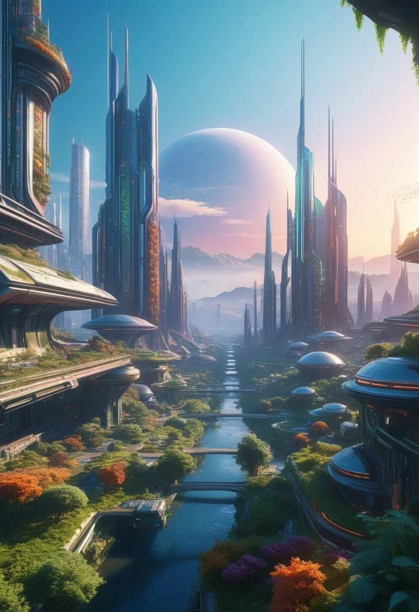 dawn, small colorful scifi future city, with a lot of nature.
score_9, score_8_up, score_7_up, score_6_up, score_5_up, score_4_up, UHD, 8K, masterpiece, detailed, ultra_high_resolution, lots of detail.