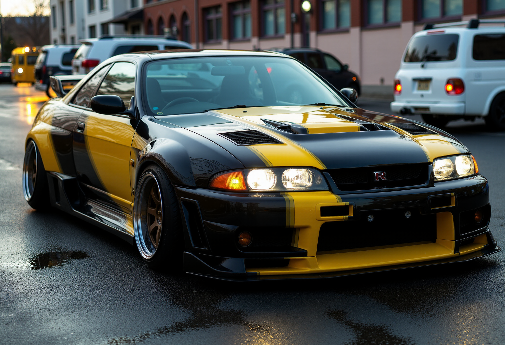 <lora:Nissan_Skyline_GT-R_R33:0.7> A slightly closer view of a gorgeous Nissan Skyline GT-R R33 in all its shining glory. In a style of clean look. The car has black with yellow undertone paint job. Mirror-like, high gloss finish catches bright highlights. Vibrant, rich color palette.