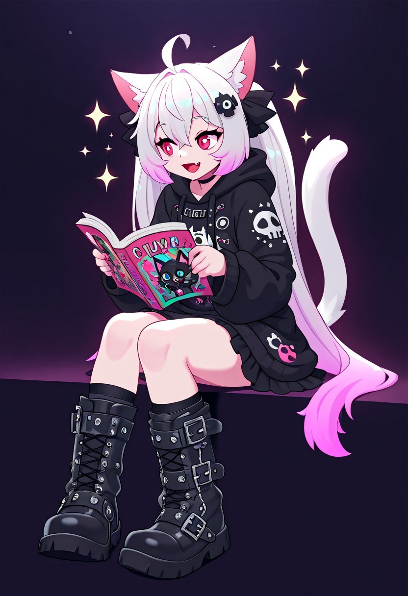 masterpiece, best quality, simple illustration, 1cat, superdeformer, cute, urban clothing, big boots, goth, full body, solo, dark background, sparkles, vivid colors,reading, sitting, looking away,  fang, tail ,happy,